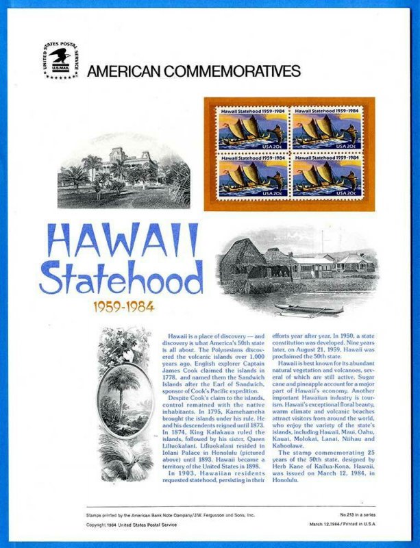 USPS COMMEMORATIVE PANEL #213 HAWAII STATEHOOD #2080