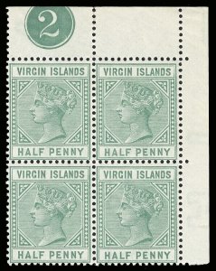 British Virgin Islands 1883 QV ½d dull green PLATE 2 block of 4 MNH. SG 27.