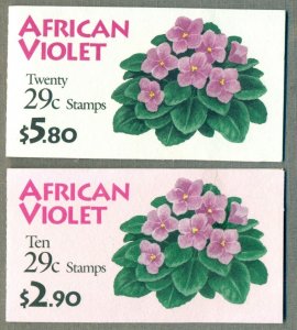 US: 1993 AFRICAN VIOLETS; 2 Booklets Sc 2764a; BK176 177, 29 Cents Values