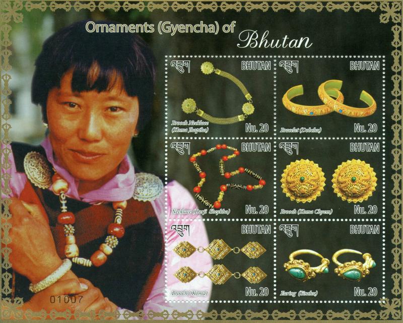 Bhutan 2015 MNH Ornaments Gyencha of Bhutan 6v M/S Brooch Necklace Bracelet