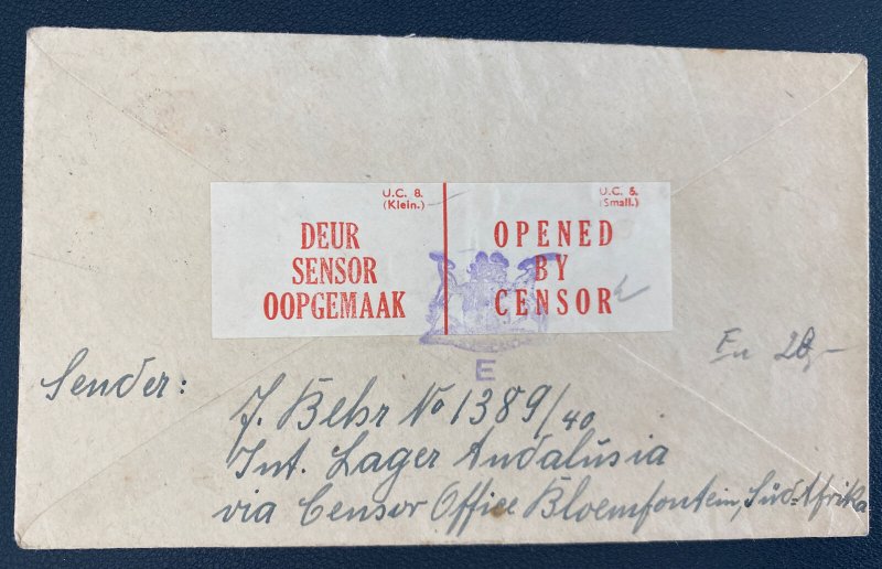 1943 Captetown South Africa POW Interment Andalusia Camp Cover To Germany