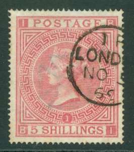 SG 126 5/- rose plate 1 lettered BI. Superb used with a part London CDS...