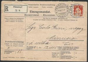 SWITZERLAND 1911 Cash on Delivery envelope used Fehraltrof to Minusio......58374