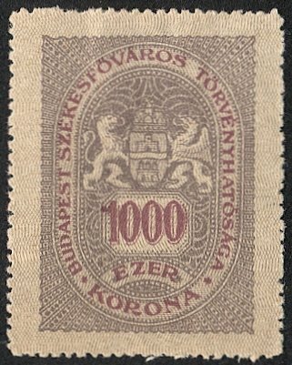 HUNGARY 1923 Budapest Municipal Revenue, Bft #66 Unused, 1000kr, H