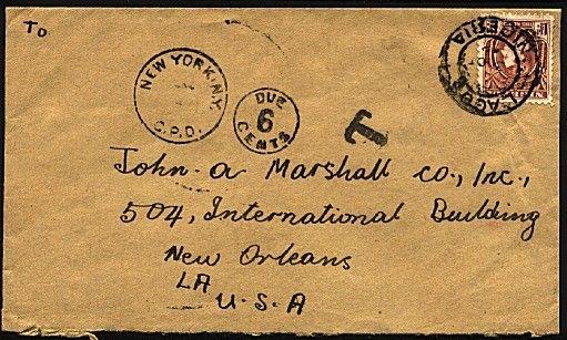 NIGERIA 1942 GVI 1½d on cover to USA - taxed - postage due marks...........70938