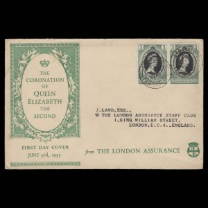 Trinidad & Tobago 1953 (FDC) 3c Coronation pair, PORT OF SPAIN ✔️