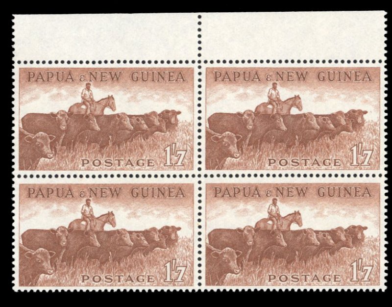 Papua New Guinea #144 Cat$120, 1958 1sh7p brown, block of four, never hinged