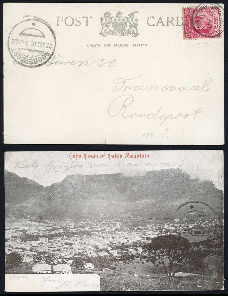 Cape of Good Hope 1905 Ocean Post Office D postmark on postcard of Cape