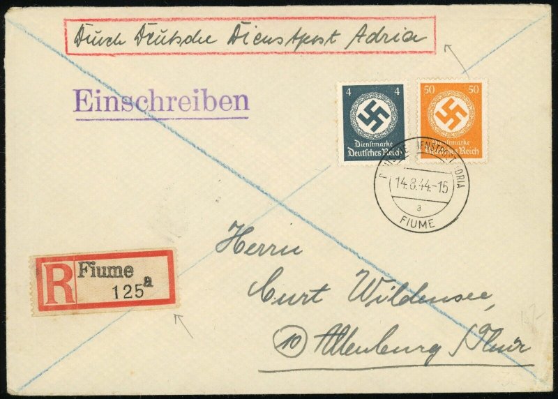 Adria Fiume Italy Registered Cover to Germany Official Stamps Postage 1944 WWII