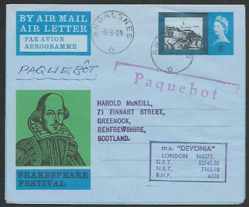 GB NORWAY 1964 6d airletter ANDALSNES PAQUEBOT, MS DEVONIA ship cachet.....11973