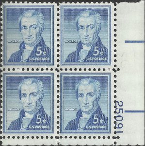 # 1038 Mint Never Hinged ( MNH ) Plate Block JAMES MONROE    
