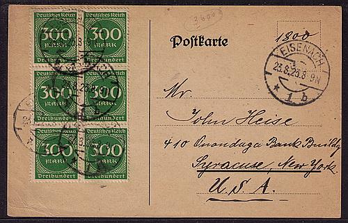 Germany # 231(6)Used VF on Post Card Eisenach 23-8-23 to USA