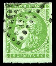 France, 1850-1900 #41 (YT 42B) Cat€225, 1870 5c yellow green, used, large m...