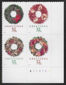 USA, stamp, Scott#3249-3252, mint, never, hinged,  year set stamp, block 4, Xmas