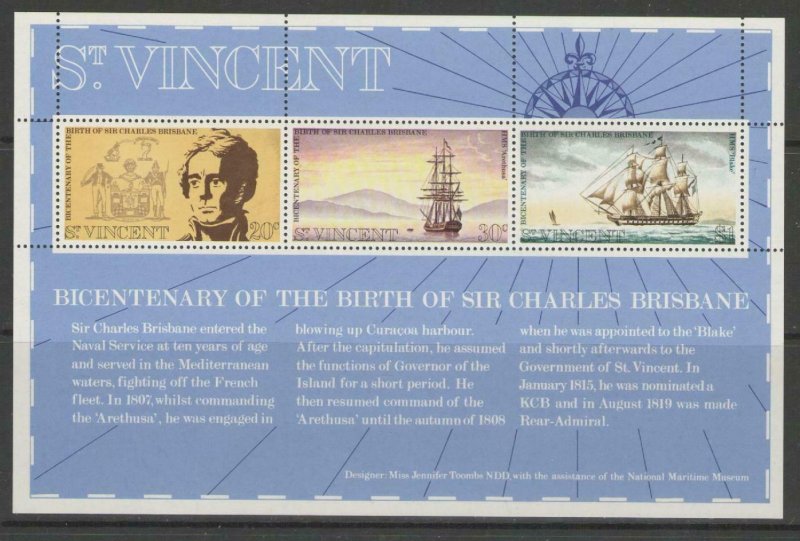 ST.VINCENT SGMS351 1972 BIRTH BICENTENARY OF SIR CHARLES BRISBANE MNH