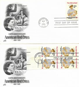 1981 FDC, #1910, 18c American Red Cross 100th, Art Craft - single/block of 4