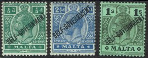 MALTA 1922 KGV SELF GOVERNMENT 1/2D 21/2D AND 1/- WMK MULTI CROWN CA 