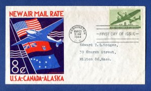 US 1944 Airmail FDC. 8c olive green. Washington DC.  Sc#C26.