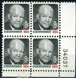 1971 Dwight D. Eisenhower Plate Block of 4 8c Postage Stamps, Sc#1394, MNH, OG