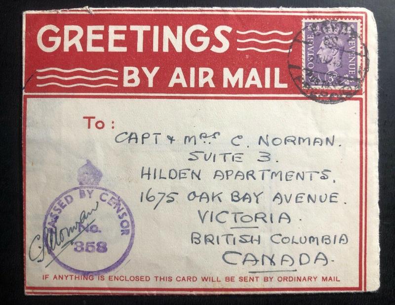 1943 Middle East Forces In Egypt Censored Air letter Cover To Victoria Canada