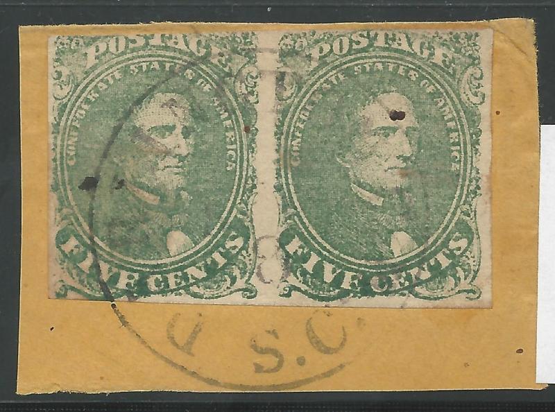 CSA Scott #1 Stone 2 Used Pair of Confederate Stamps on Piece Darlington CH, SC