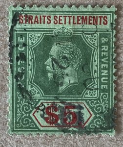 Straits Settlements 1915 KGV $5 on emerald. Scott 167b, CV $140.00. SG 212c