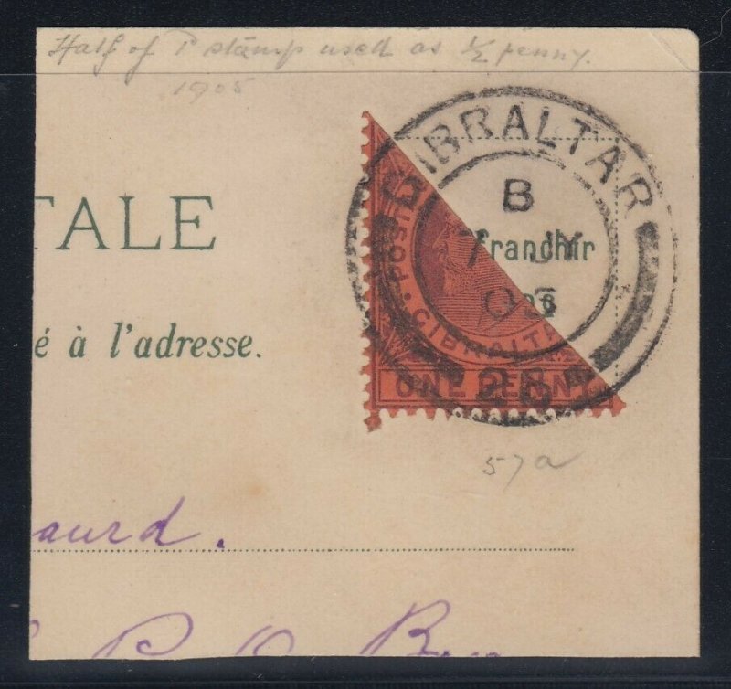 Gibraltar, Scott 50a (SG 57a), BISECT tied on post card piece (7 JY 05)