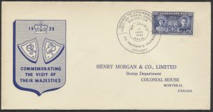 1939 Newfoundland #249 Royal Visit FDC Henry Morgan Cachet St John's