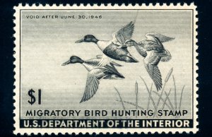 US RW12 $1 1945 Hunting Permit Stamp Shoveller Ducks in Flight F-VF NH