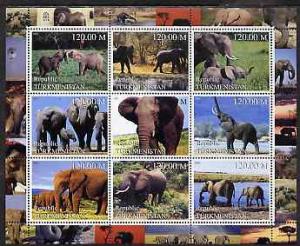 Turkmenistan 2000 Elephants perf sheetlet containing 9 va...