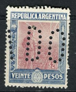 ARGENTINA;  1911 early Ploughman issue fine used 20P. value + Large PERFIN