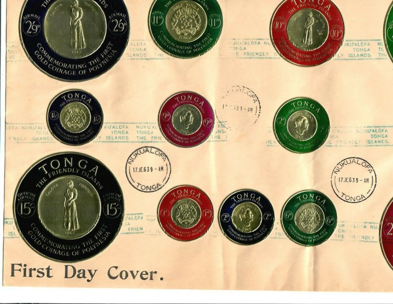 Tonga 2 covers 9 X 14 F.D.C. Gold Coins 2 sets 1963 Nukualofa, 1964 PPSEAWA