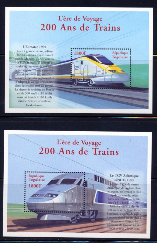 TOGO 2000 TRAIN BICENTENNIAL SET OF  SOUVENIR SHEETS SCOTT 1956-59