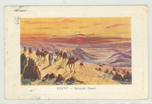 Egypt 97 Cairo 1924 postmark on postcard with colorful artwork of a camel caravan on the Sahara Desert, addressed to USA.