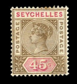Seychelles #15 Cat$30, 1893 45c brown rose, hinged, toned spot