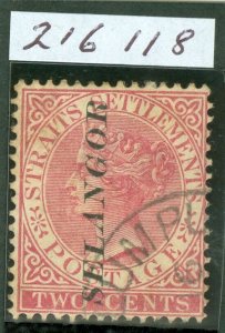 SG 37 Selangor Malaysia 1885-91. 2c pale rose, WMK CA, OVPT type 29. Very...