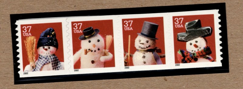 3680-83  Holiday Snowmen, Coil Strip of 4 (NICELY MOUNTED)  Mint F/VF NH