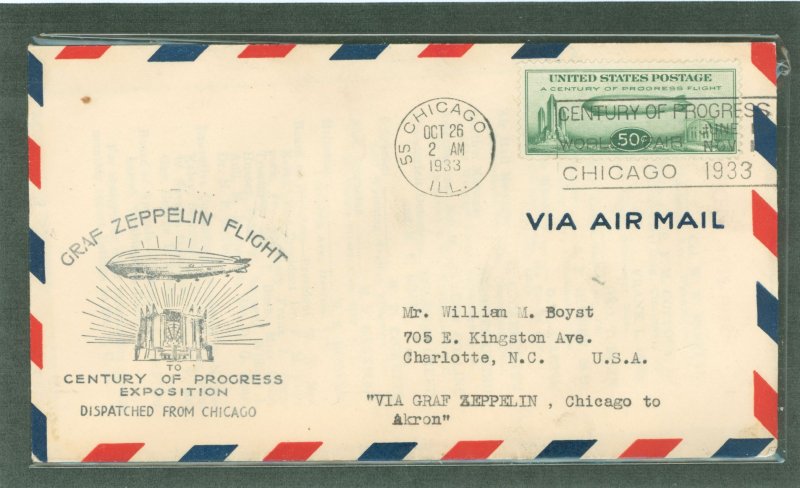 US C18 1933 50c Baby Zeppelin franked this cover flown from Chicago (Century of Progress Expo to Akron, OH)