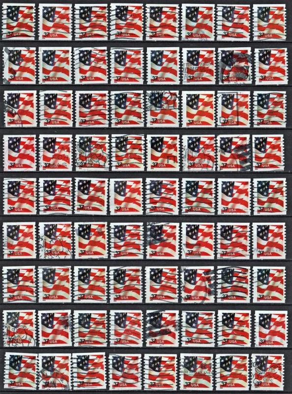 SC#3632 37¢ Flag Coil Stamp (2002) Used Lot of 72