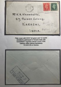 1938 Guernsey Channel Island England Cover To Karachi India