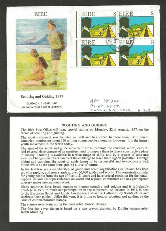 1977 Boy Scout Girl Guide Ireland FDC block to US