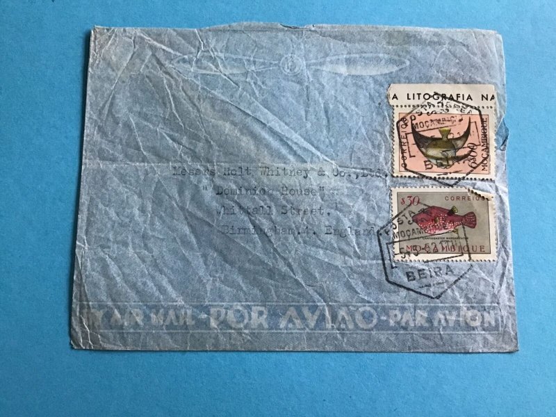 Mozambique to England Air Mail 1952 Fish Stamp Cover R42901 