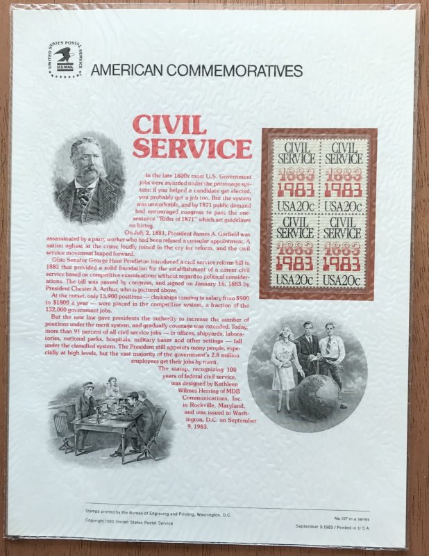 US CP198 Commemorative Panel Block of 4 #2053 Civil Service SCV $6.00 L34