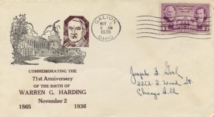 Harding birthday cover; 11-2--36 Mezwin cachet #!