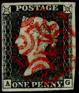 SG3, 1d grey-black PLATE 1b, FINE USED. Cat £525. RED MX. 4 MARGINS. AG