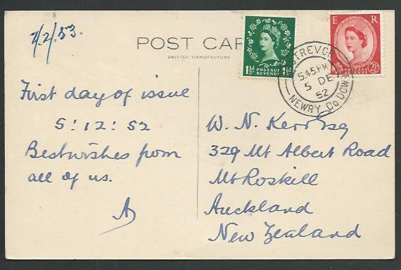 GB 1952 QE 1½d & 2½d on postcard to New Zealand - First Day cancel.........59166