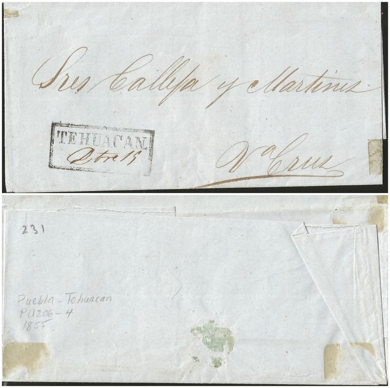 O) 1855 MEXICO, PREFILATELIC FROM TEHUACAN, XF