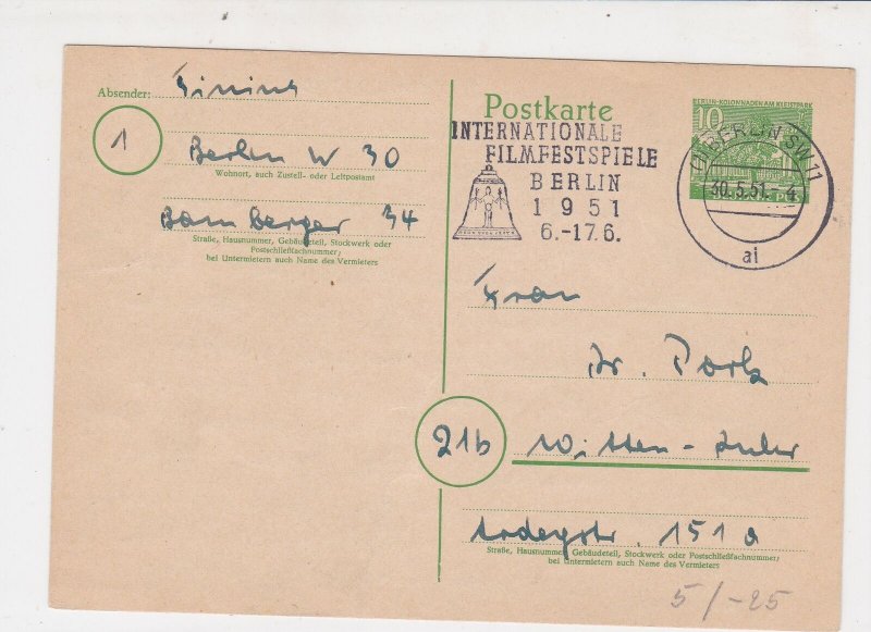 Berlin 1951 Berlin SW11 Cancel International Film Festival Stamps Card Ref 25892