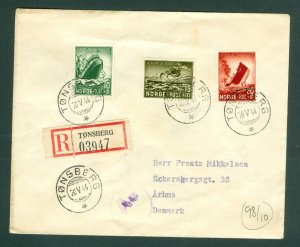 Norway. 1944 Cover Registered, Tonsberg. Sinking Ships Sc# B35+36+37. Adr: Denm.