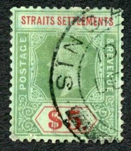 Straits Settlements SG212 5 Dollars White Back Cat 60 pounds